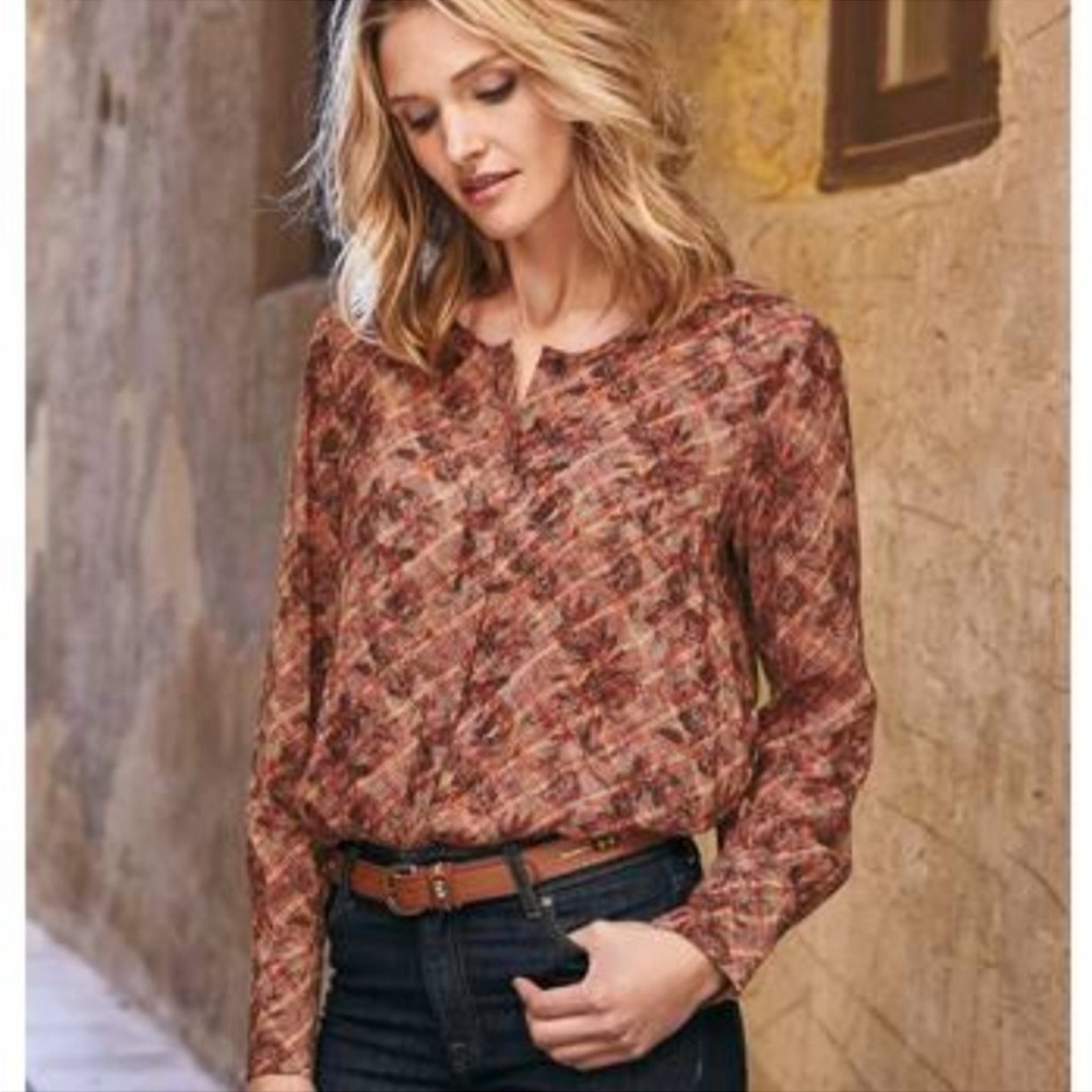 Peruvian Connection Long Sleeve Button Down Semi Sheer Blouse Size Small